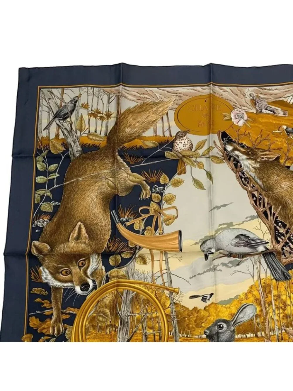 Hermes Scarf Silk Carre 90 Chasse Au BOIS Forest Hunting Gray